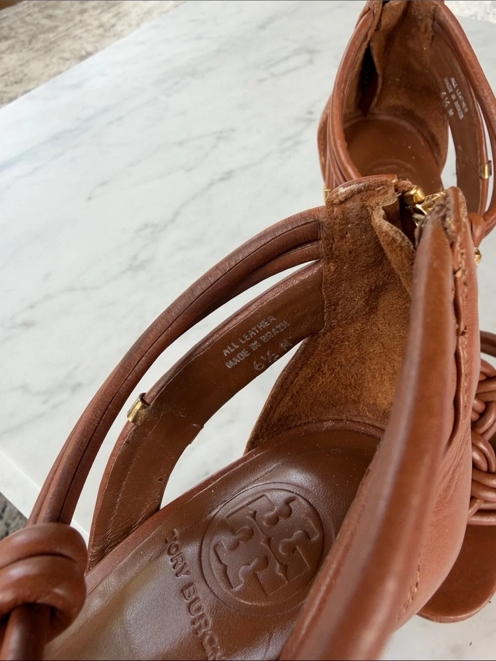 Tory Burch Braided Cognac Leather Strappy High-Heel Sandals